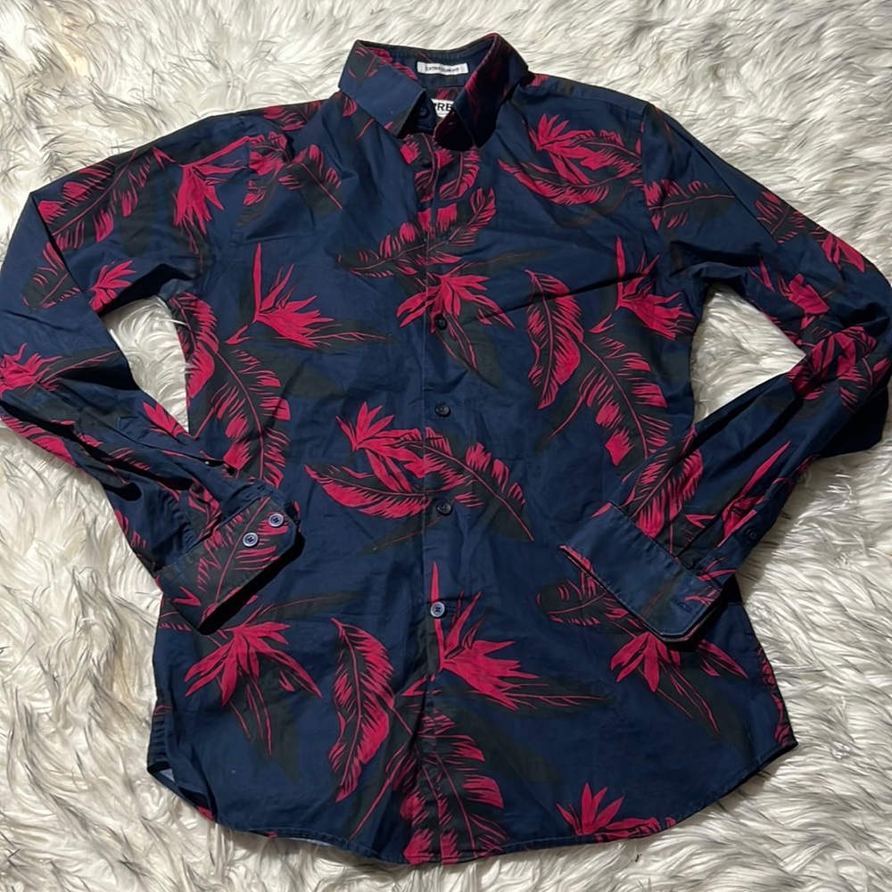 Express Men Size XS 13-13.5 Navy Blue Floral Long Sleeve Button Down Slim Fit